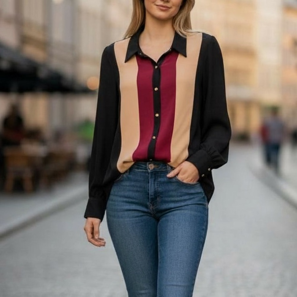 Haute Hippie GG Like Stripe Silk Blouse With Gold Buttons, NWT, S